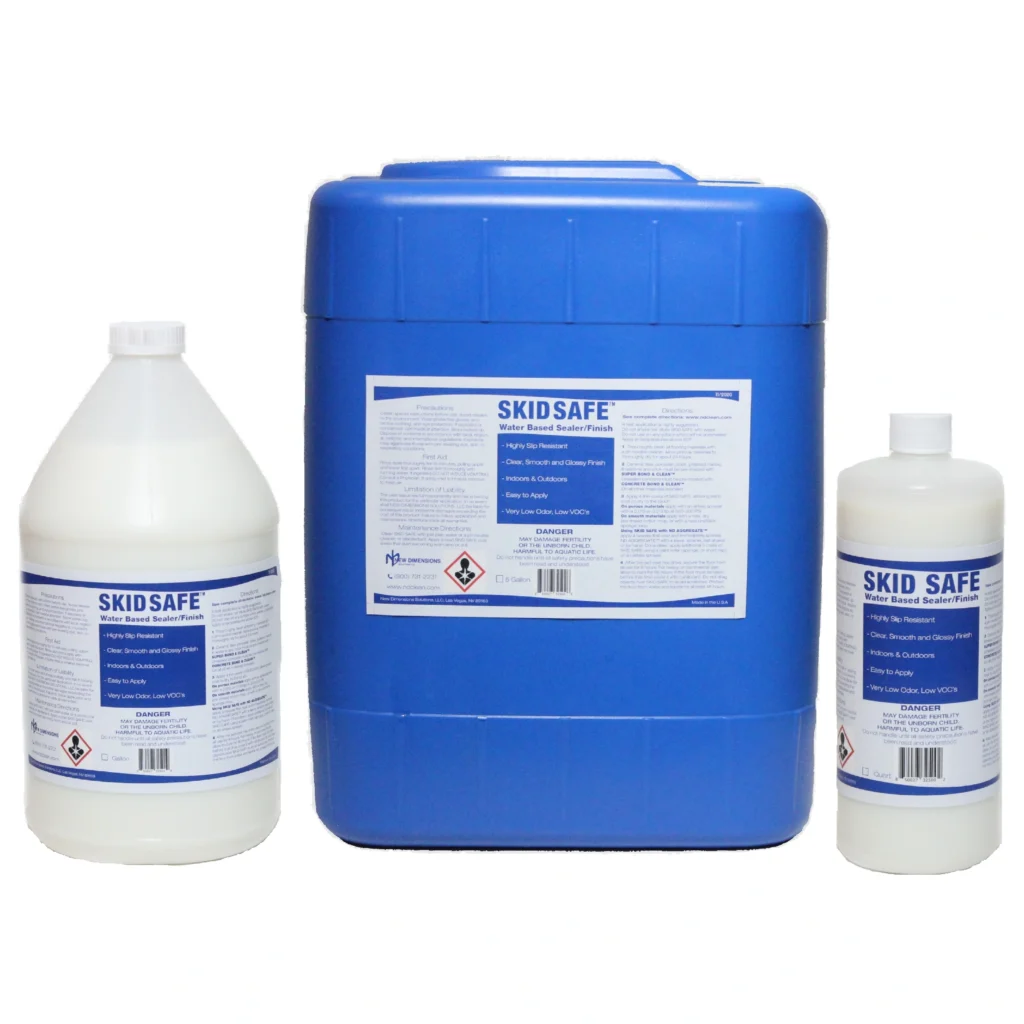 SKID SAFE™ anti-slip sealer in quart, gallon, and five-gallon containers.